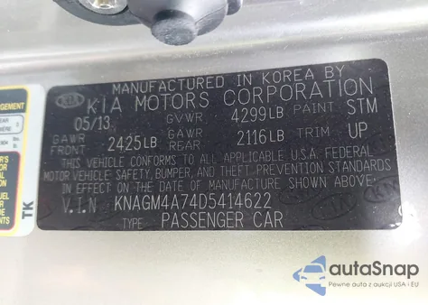 2013 Kia Optima Lx z USA, uszkodzony, nr VIN KNAGM4A74D5414622